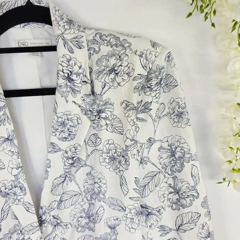 Cato Blazer XL White Gray Floral Linen Blend Lightweight Spring Office Chic
